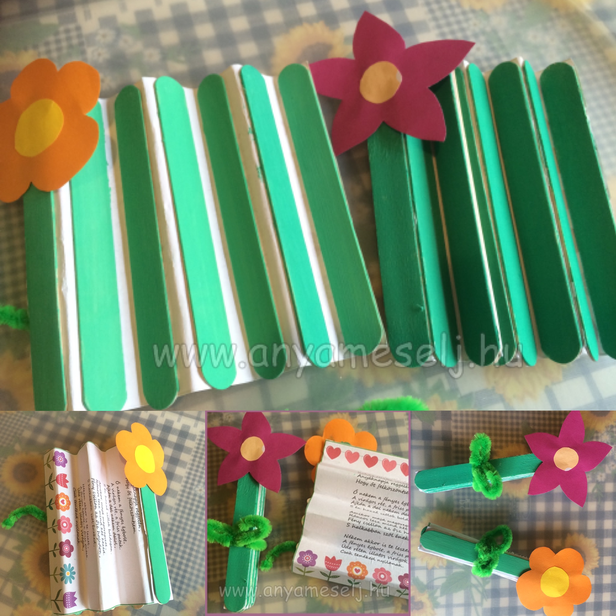 ✂🎨🎁 Saját készítésű ajándék tipp pedagógusnapra 🙂

Szükséges eszközök:
- 9 db faspatula
- zöld színű festék
- színes papírok (virágok elkészítéséhez)
- zseníliadrót

Így készült:

1. A 9 db faspatulát (ami gyógyszertárba és kreatív boltokban kapható) lefestettük zöld színűre.
2. Kinyomtattuk az óvónéninek szánt verset, amit szerettünk volna a virágba rejteni.
Tipp: Kerülhet bele a gyerkőc rajza, vagy saját kézzel készült üzenete is.
3. A kinyomtatott üzenetre elkezdtük felragasztani a faspatulákat, úgy hogy közben legyezőként hajtogattuk meg a papírt.
4. Amikor az összes zöld faspatulát felragasztottuk, megvártuk míg megszárad, addig elkészítettük a virág szirmait, amit ráragasztottunk a spatulára.
5. Átkötöttük zöld zsenília dróttal, és már készen is van. 🙂

#virágbazártüzenet #ajándék #pedagógusnap #ötlet #otthonelkészíthető #ovisoknak #anyamesélj